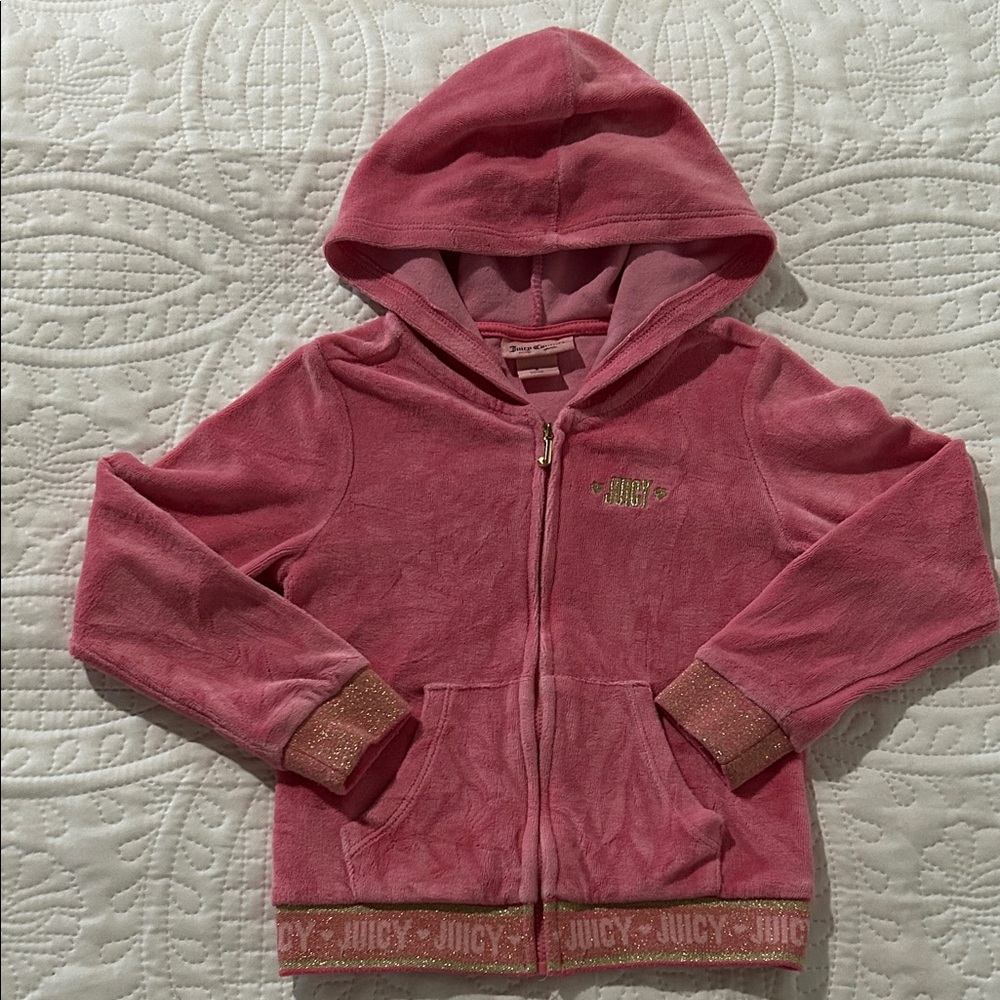 Juicy Couture Girls' Rose Pink Velour Zip Hoodie with Sparkle Trim